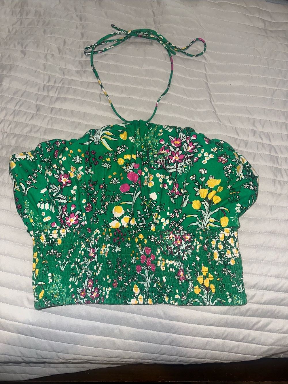 Anthropologie Green Floral Smocked Halter Crop